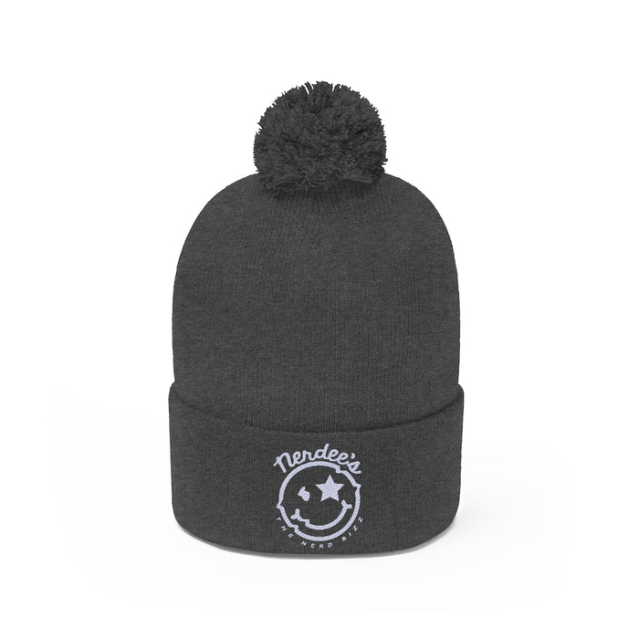 Nerdee's - The Nerd Bizz - "Mr. Smiley" Logo (White) -Pom Pom Beanie