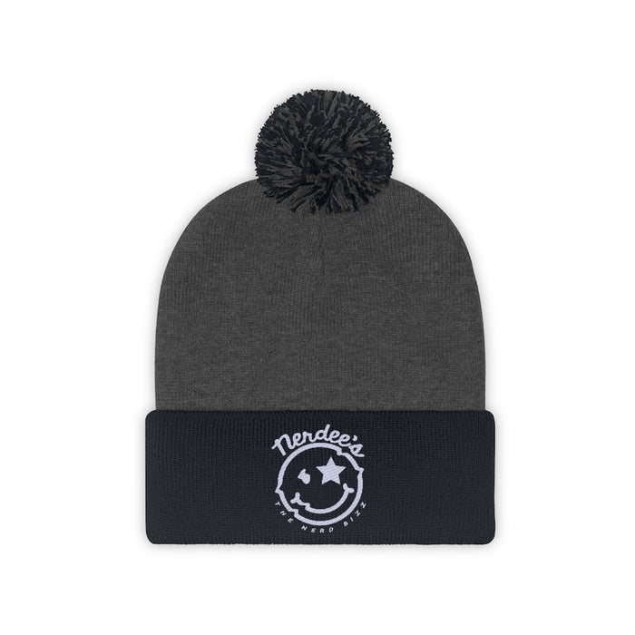 Nerdee's - The Nerd Bizz - "Mr. Smiley" Logo (White) -Pom Pom Beanie