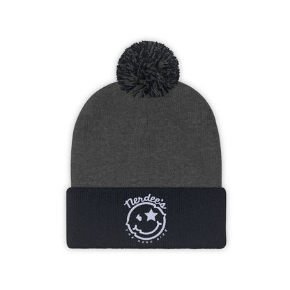 Nerdee's - The Nerd Bizz - "Mr. Smiley" Logo (White) -Pom Pom Beanie