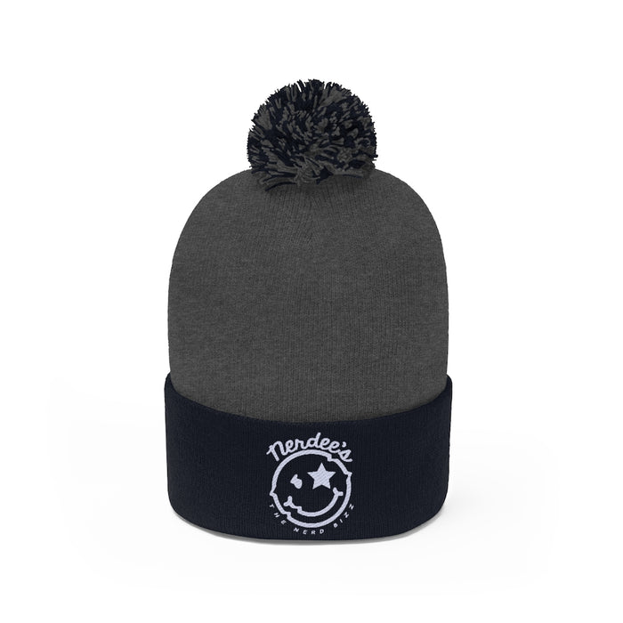 Nerdee's - The Nerd Bizz - "Mr. Smiley" Logo (White) -Pom Pom Beanie