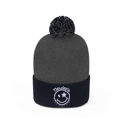 Nerdee's - The Nerd Bizz - "Mr. Smiley" Logo (White) -Pom Pom Beanie