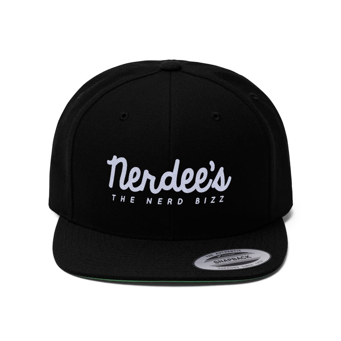 Nerdee's - The Nerd Bizz - Script Logo (White)  - Unisex Flat Bill Hat