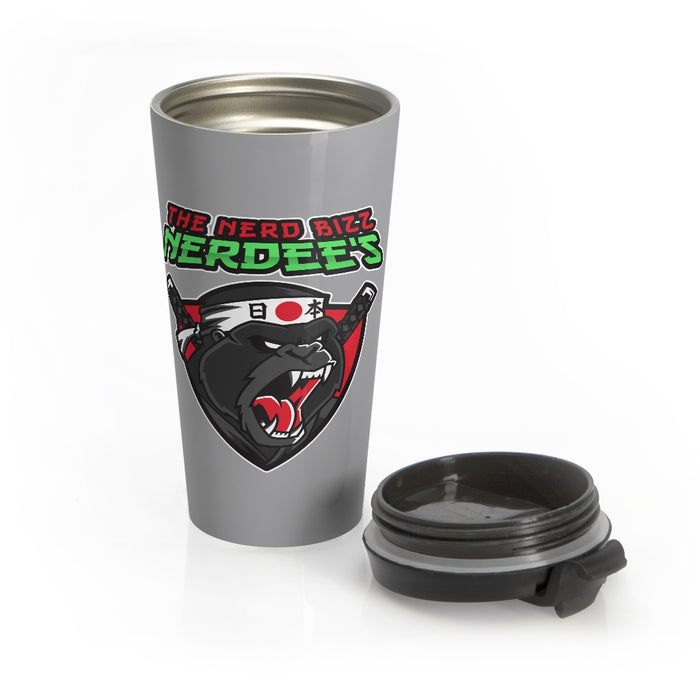 Nerdee's "Gorilla Samurai" Gray Stainless Steel Travel Mug