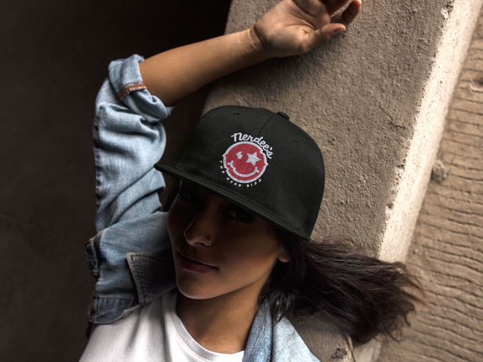 Nerdee's "Mr. Smiley" Logo (Red/White) - Unisex Flat Bill Hat