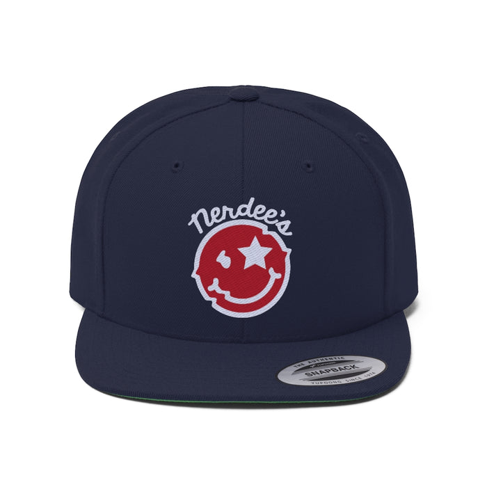 Nerdee's "Mr. Smiley" Logo (Red/White) - Unisex Flat Bill Hat