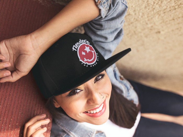 Nerdee's "Mr. Smiley" Logo (Red/White) - Unisex Flat Bill Hat
