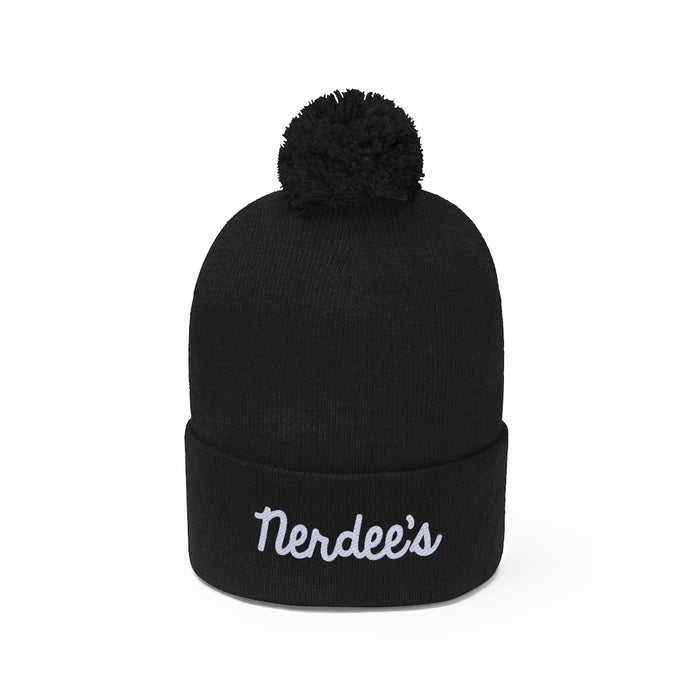 Nerdee's Script Logo (White) - Pom Pom Beanie