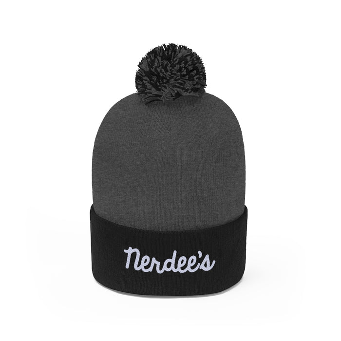 Nerdee's Script Logo (White) - Pom Pom Beanie