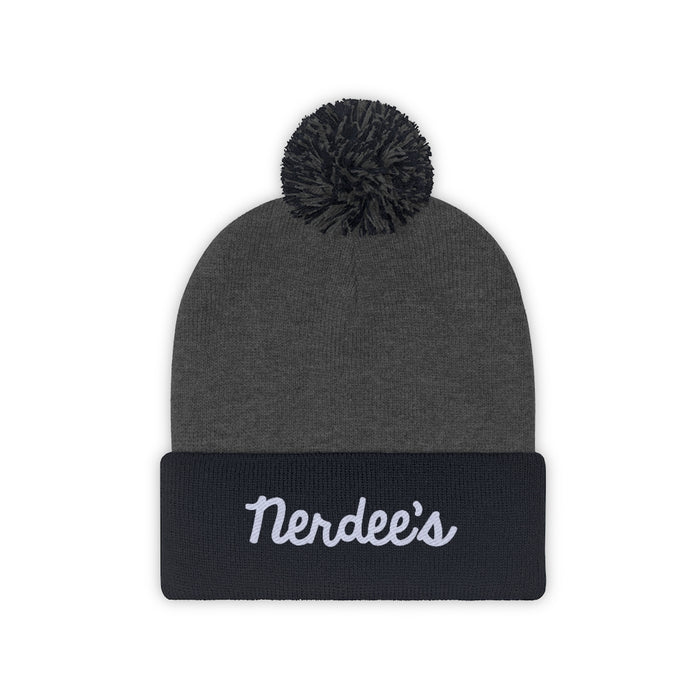 Nerdee's Script Logo (White) - Pom Pom Beanie