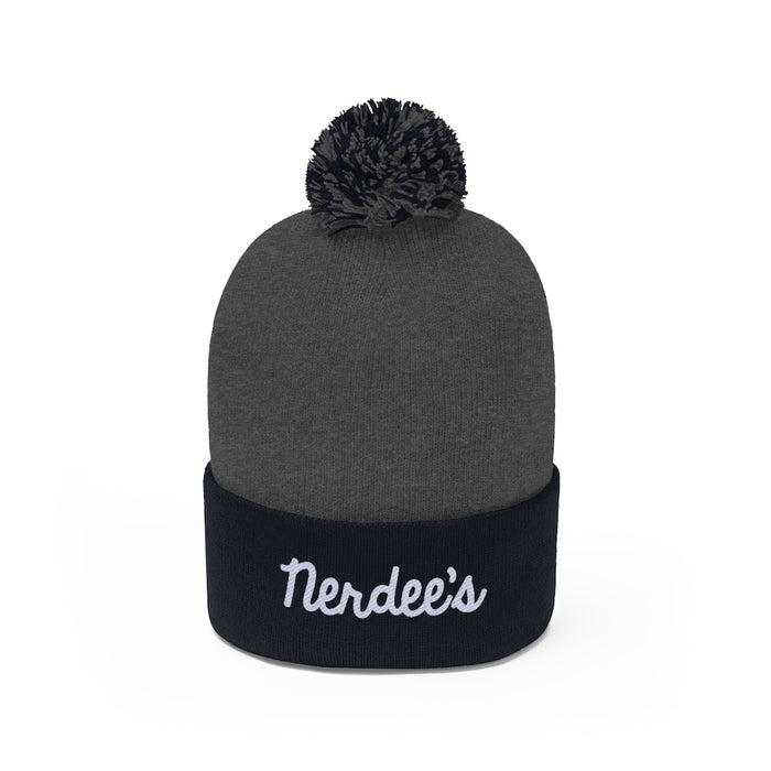 Nerdee's Script Logo (White) - Pom Pom Beanie