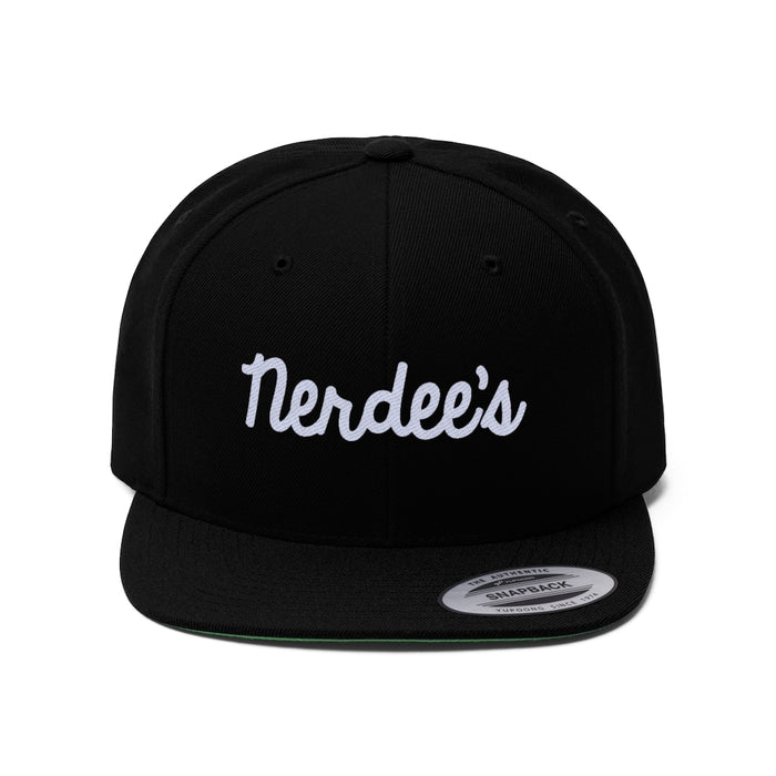 Nerdee's Script Logo (White) - Unisex Flat Bill Hat