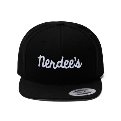 Nerdee's Script Logo (White) - Unisex Flat Bill Hat
