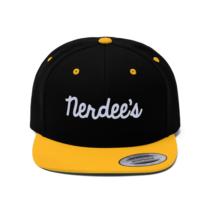 Nerdee's Script Logo (White) - Unisex Flat Bill Hat