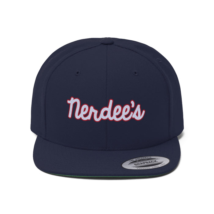 Nerdee's Script Logo (White/Red) - Unisex Flat Bill Hat