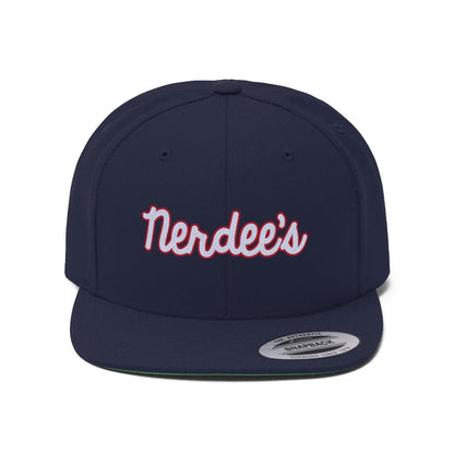 Nerdee's Script Logo (White/Red) - Unisex Flat Bill Hat