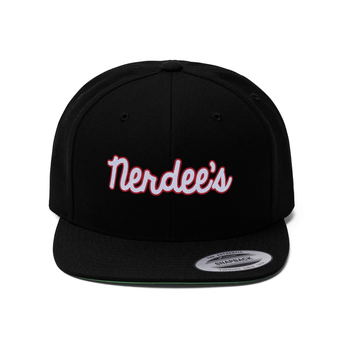 Nerdee's Script Logo (White/Red) - Unisex Flat Bill Hat