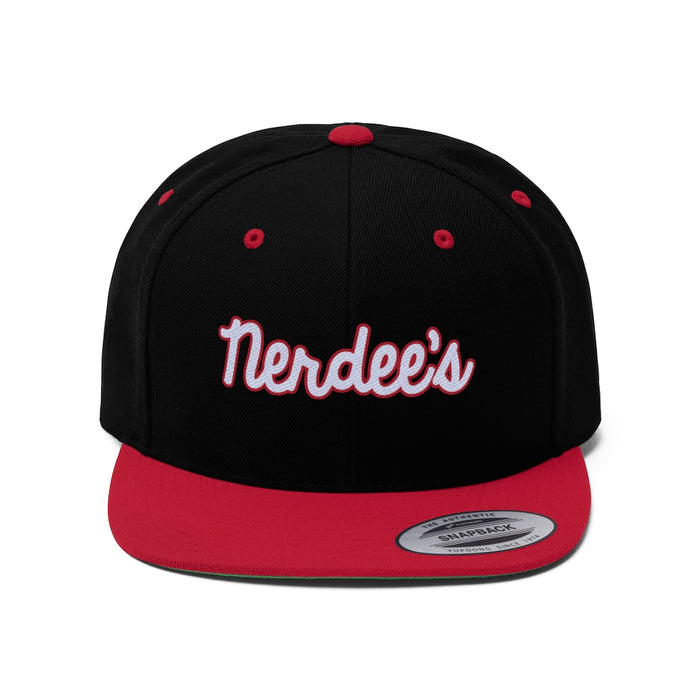 Nerdee's Script Logo (White/Red) - Unisex Flat Bill Hat