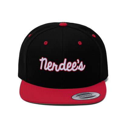 Nerdee's Script Logo (White/Red) - Unisex Flat Bill Hat