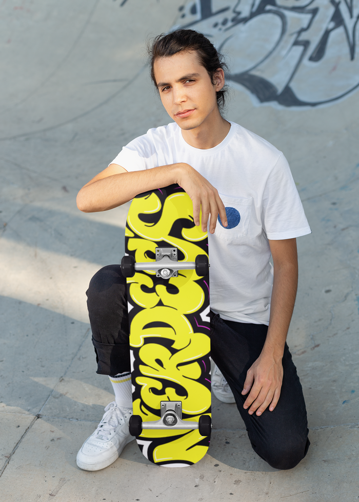 Nerdee's Skate Shop "Yellow Graffiti Logo Zoom" Skateboard Deck