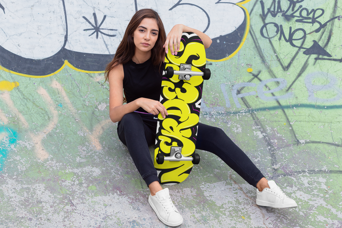 Nerdee's Skate Shop "Yellow Graffiti Logo Zoom" Skateboard Deck