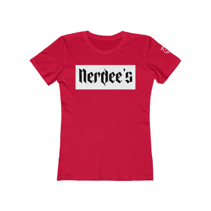 Nerdee's "White Label" w/ sleeve Logo - Women's The Boyfriend Tee