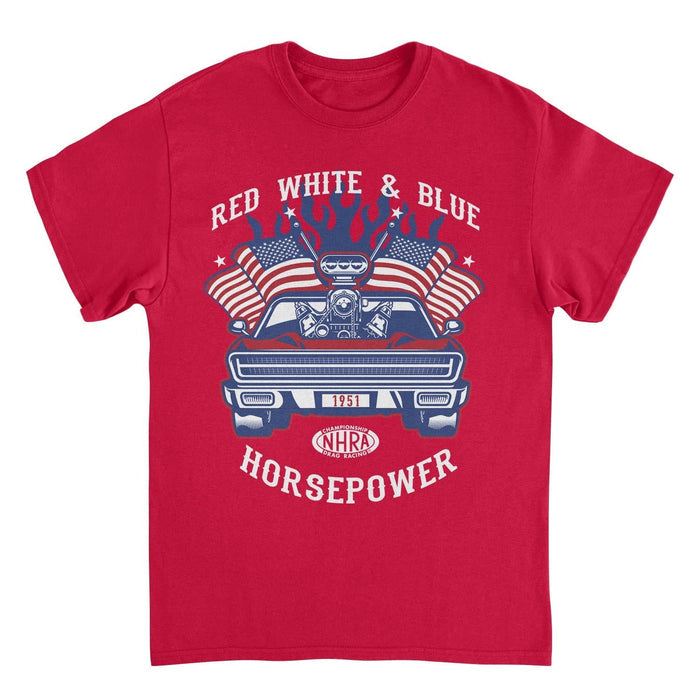 NHRA Red White and Blue Horsepower Blue Heat Red T-Shirt