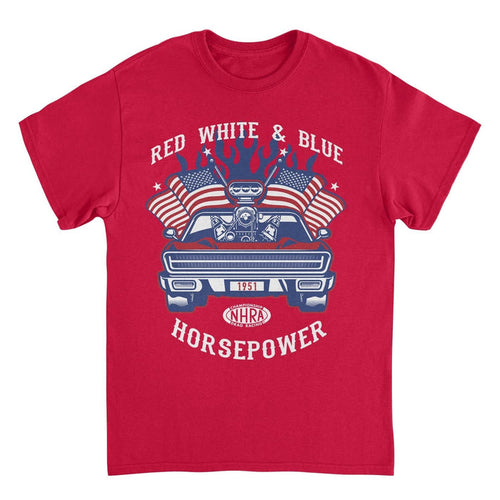 NHRA Red White and Blue Horsepower Blue Heat Red T-Shirt
