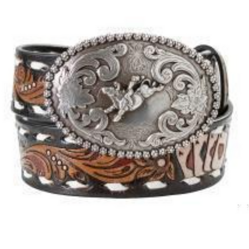Nocona Boy's Aces Buck Lace Black Belt with Bull Rider Buckle