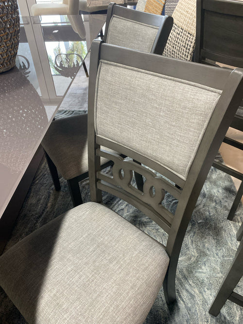 PAIR OF DINING CHAIRS GREY CUSHION WOOD FRAME
