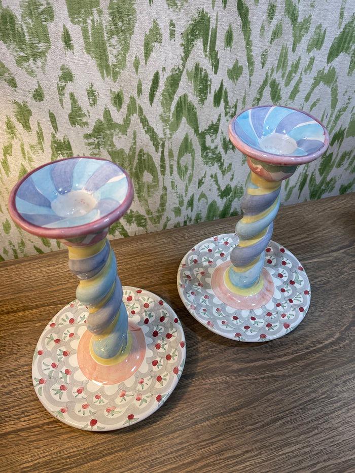 PAIR OF MACKENZIE CHILDS CANDLE STICK HOLDERS SWIRLED PASTEL DESIGN