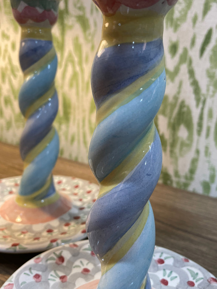 PAIR OF MACKENZIE CHILDS CANDLE STICK HOLDERS SWIRLED PASTEL DESIGN