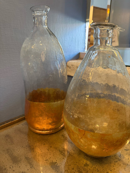 PAIR RUSTIC GLASS DECANTERS W/GOLD