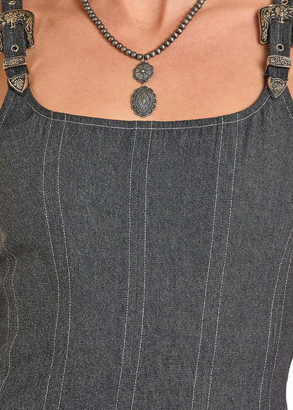 Panhandle Slim Women's Buckle Strap Denim Maxi Dress in Black