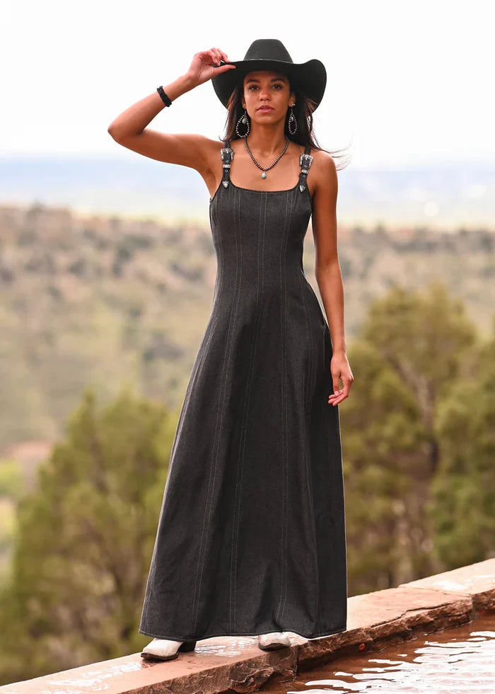 Panhandle Slim Women's Buckle Strap Denim Maxi Dress in Black