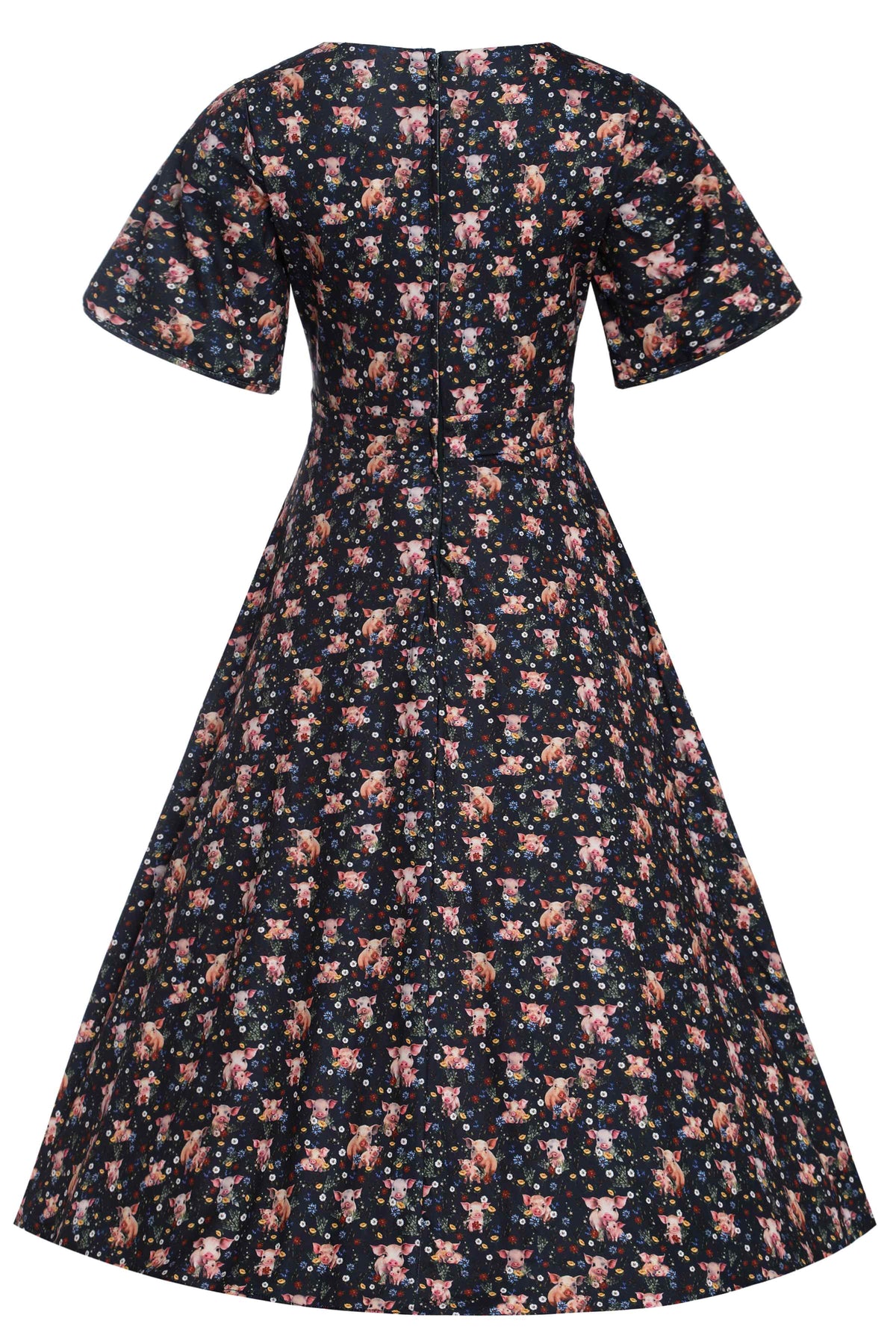 Janice Pig Print Petal Sleeved Tea Dress