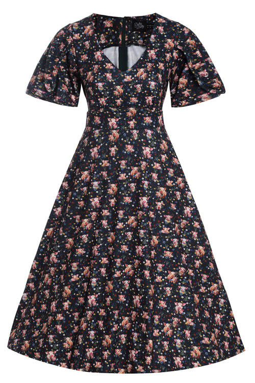 Janice Pig Print Petal Sleeved Tea Dress