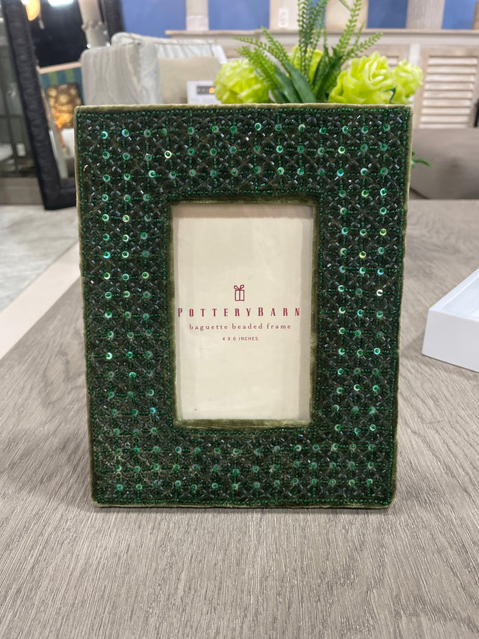 POTTERY BARN PICTURE FRAME GREEN BEADED VELOUR