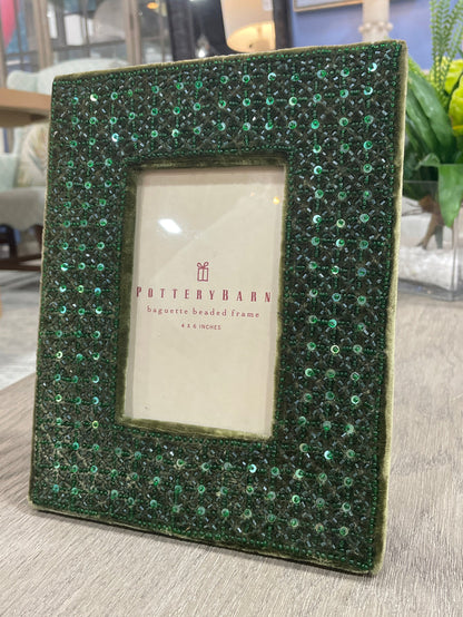 POTTERY BARN PICTURE FRAME GREEN BEADED VELOUR