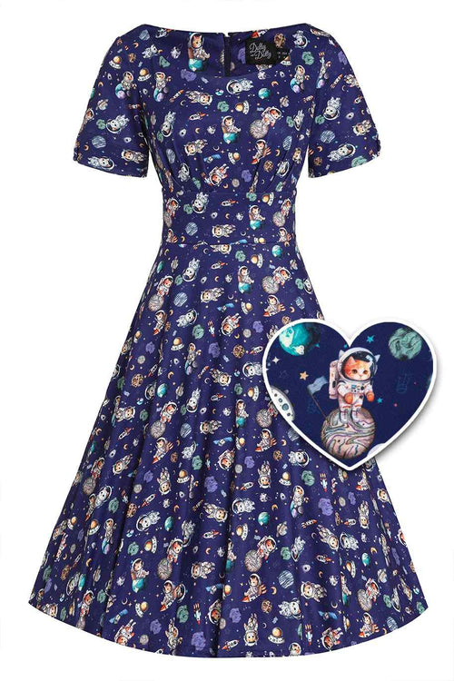 Brenda Purple Astronaut Cat In Space Flared Dress