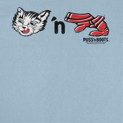 Puss n Boots Retro Cat Food and Boots Light Blue T-Shirt