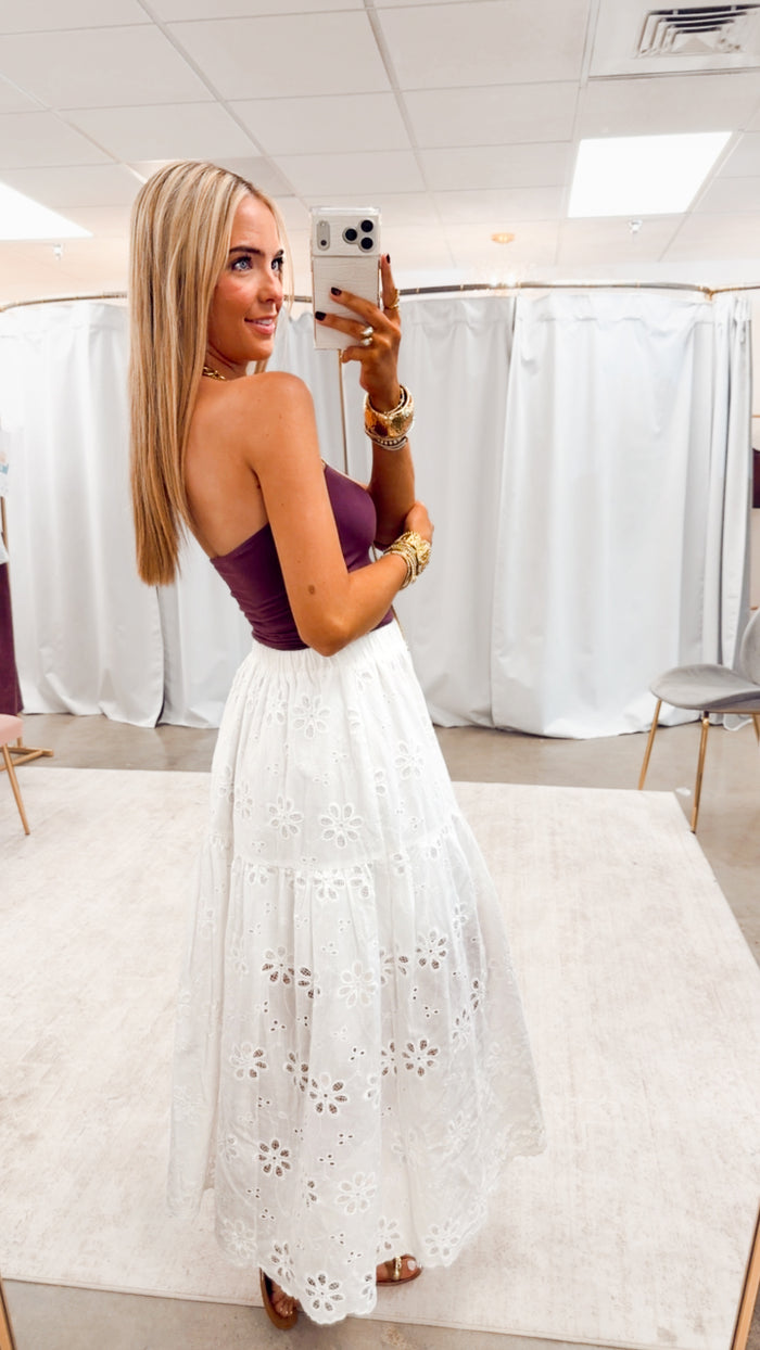 Raeyn Eyelet Tiered Midi Skirt