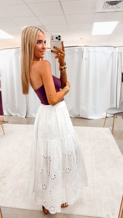 Raeyn Eyelet Tiered Midi Skirt