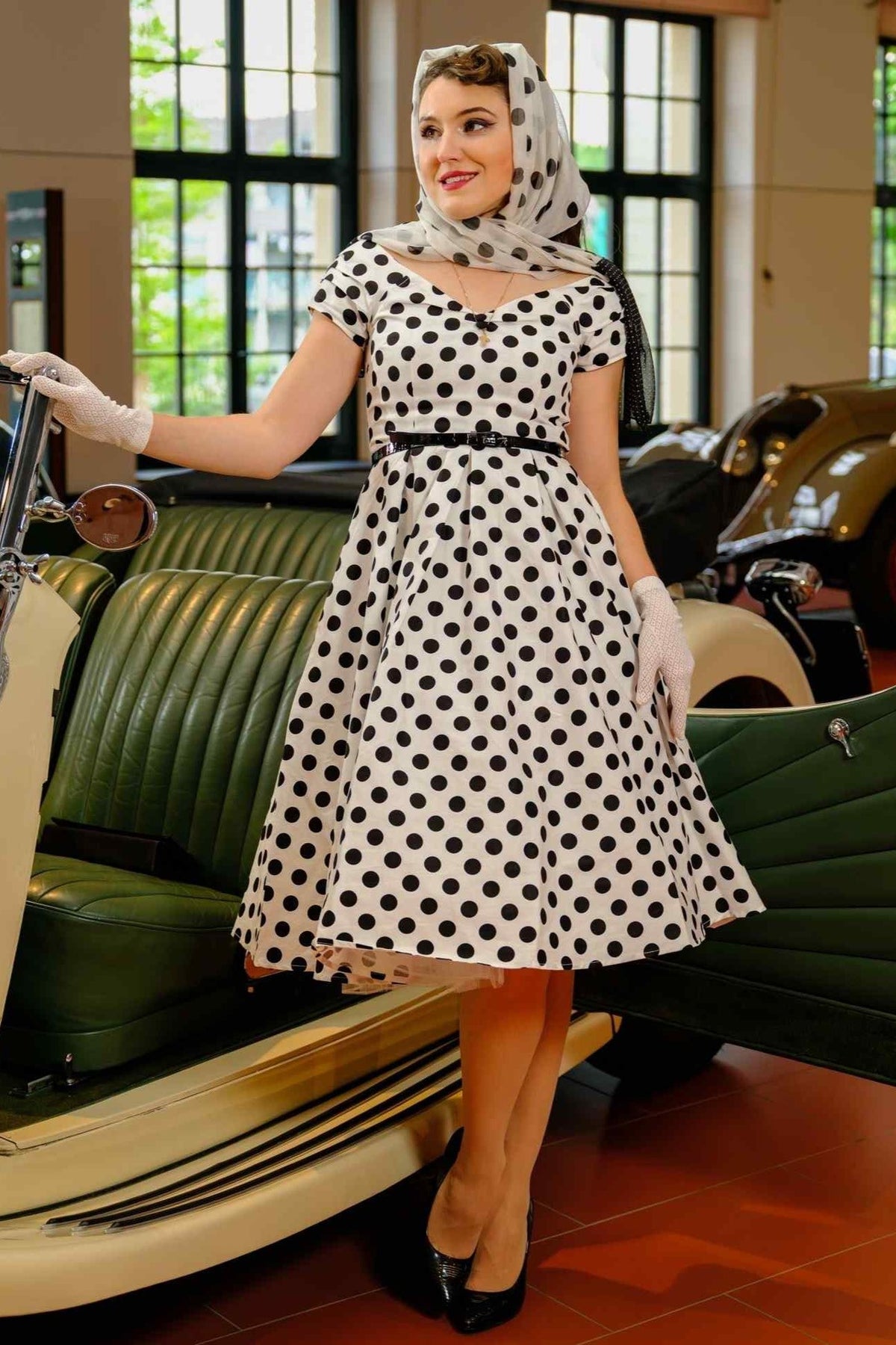 Lily Retro Off Shoulder White Polka Dot Swing Dress