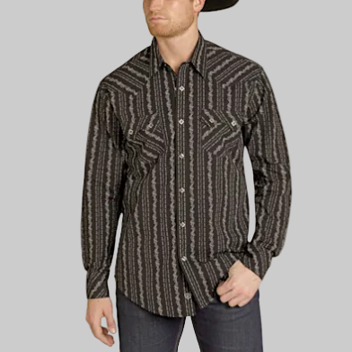 Rock & Roll Denim Men's L/S Wallpaper Print Western Snap Shirt in Black