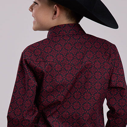Roper Boy's Amarillo Medallion Print Western Snap Shirt in Garnet