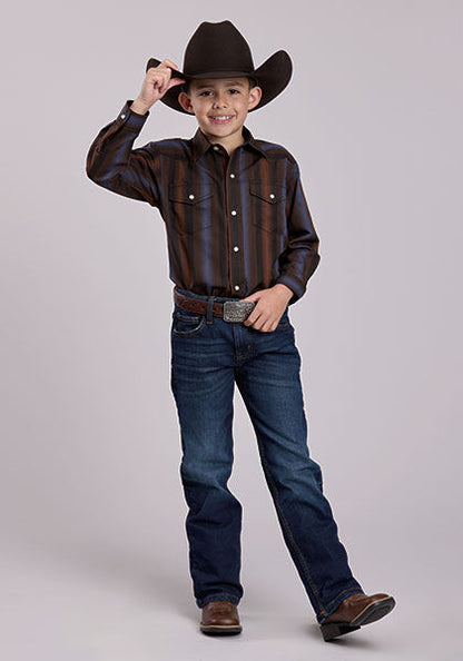 Roper Boy's L/S Yarn Dyed Striped Western Snap Shirt in Brown and Blue