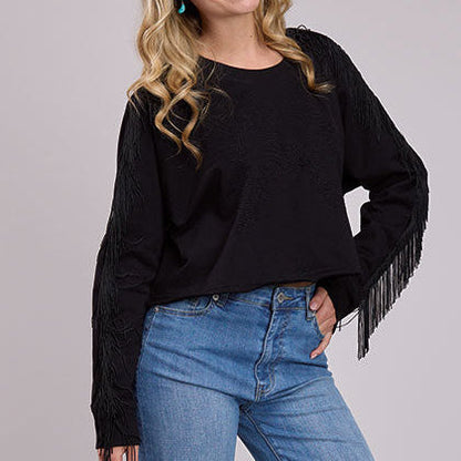 Roper Women's Boot Stitch Embroidered Fringe Sweatshirt in Black