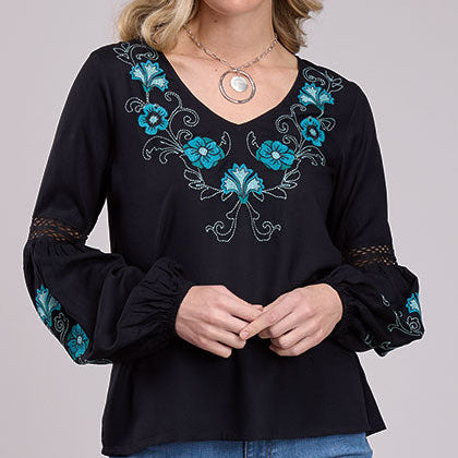 Roper Women's L/S Embroidered Peasant Blouse in Black (Available in Regular and Plus Sizes)