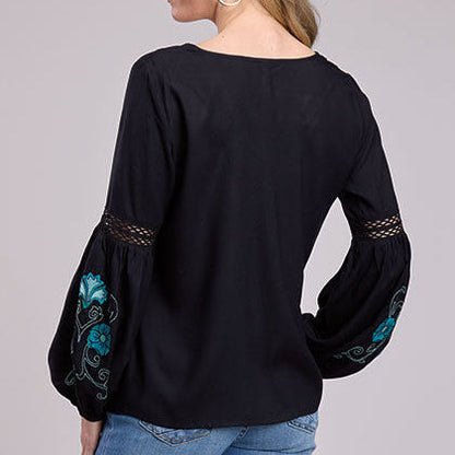 Roper Women's L/S Embroidered Peasant Blouse in Black (Available in Regular and Plus Sizes)