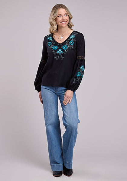 Roper Women's L/S Embroidered Peasant Blouse in Black (Available in Regular and Plus Sizes)